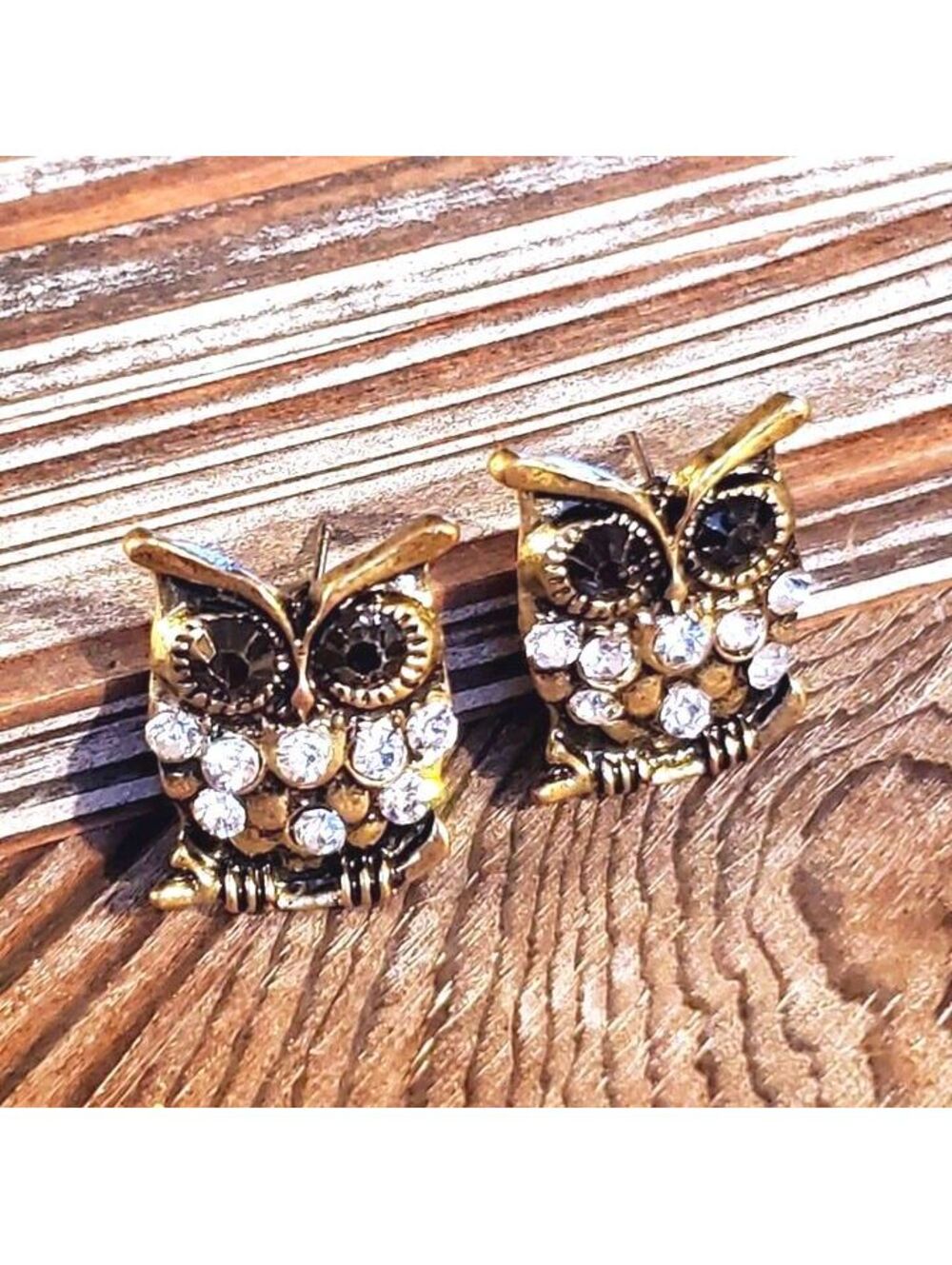 Surprised Owl Bronze Vintage 90s Y2K New Crystal Stud Earrings  Clear
